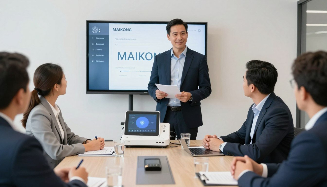 Distribuidores MAIKONG exitosos en reunión de negocios presentando analizador cuantico