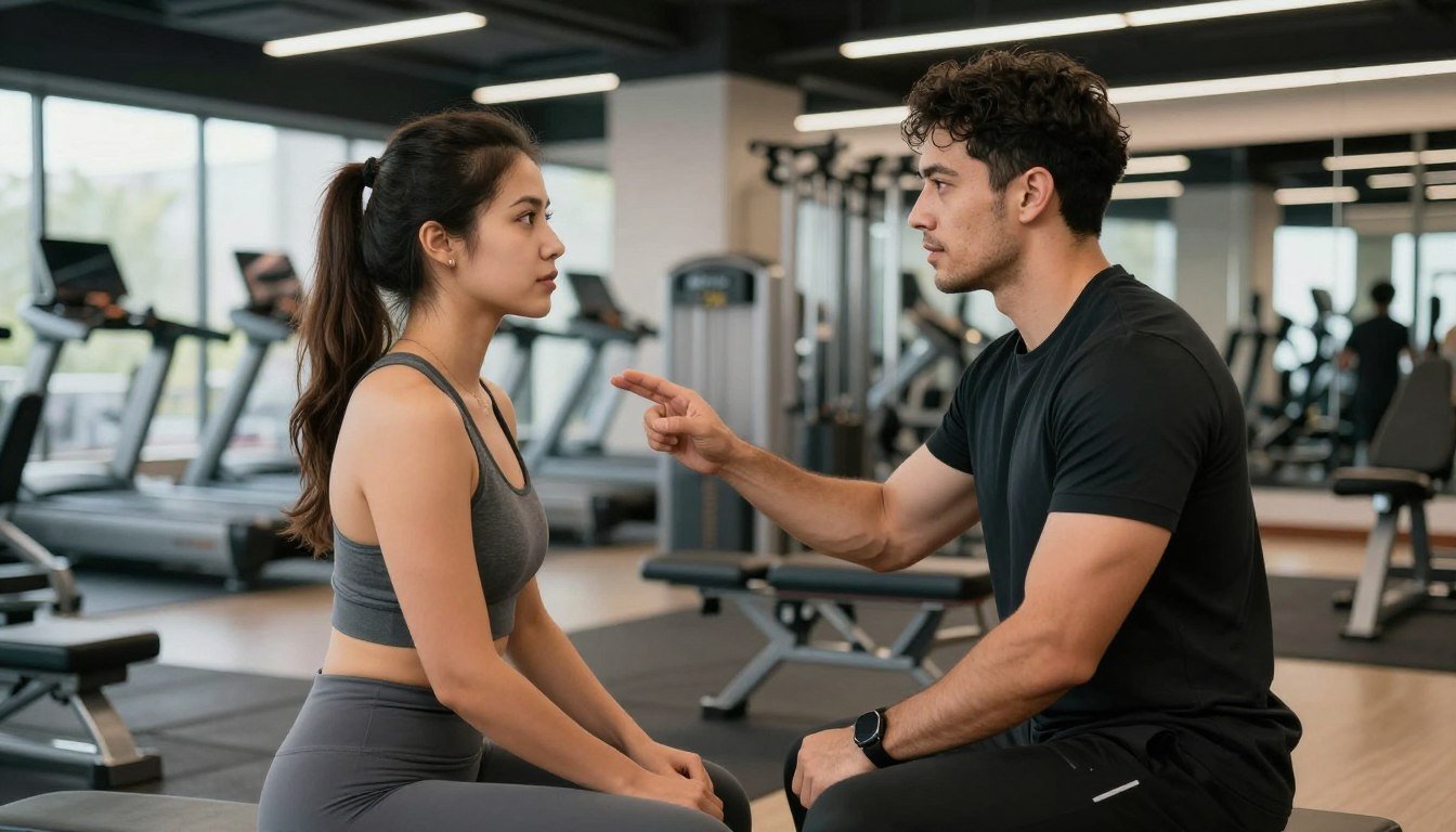 Entrenador personal usando analizador cuántico con cliente en gimnasio Entrenador personal usando analizador cuántico con cliente en gimnasio