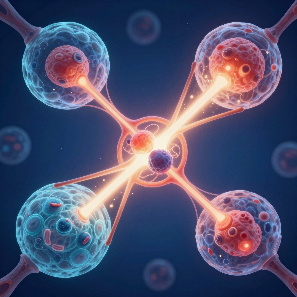 Ilustración de división celular y emisión de ondas electromagnéticas