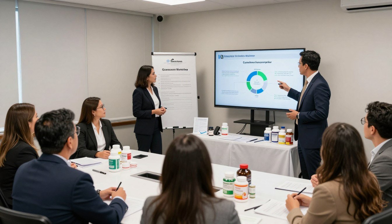 Presentación de productos con analizador cuántico en reunión de venta directa Presentación de productos con analizador cuántico en reunión de venta directa