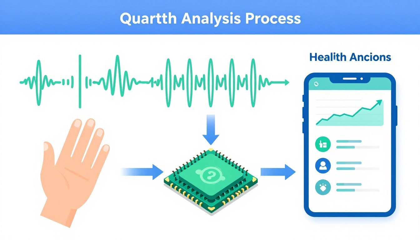 Proceso de análisis cuántico mostrando sensor, amplificación de señales y generación de informes de salud Proceso de análisis cuántico mostrando sensor, amplificación de señales y generación de informes de salud
