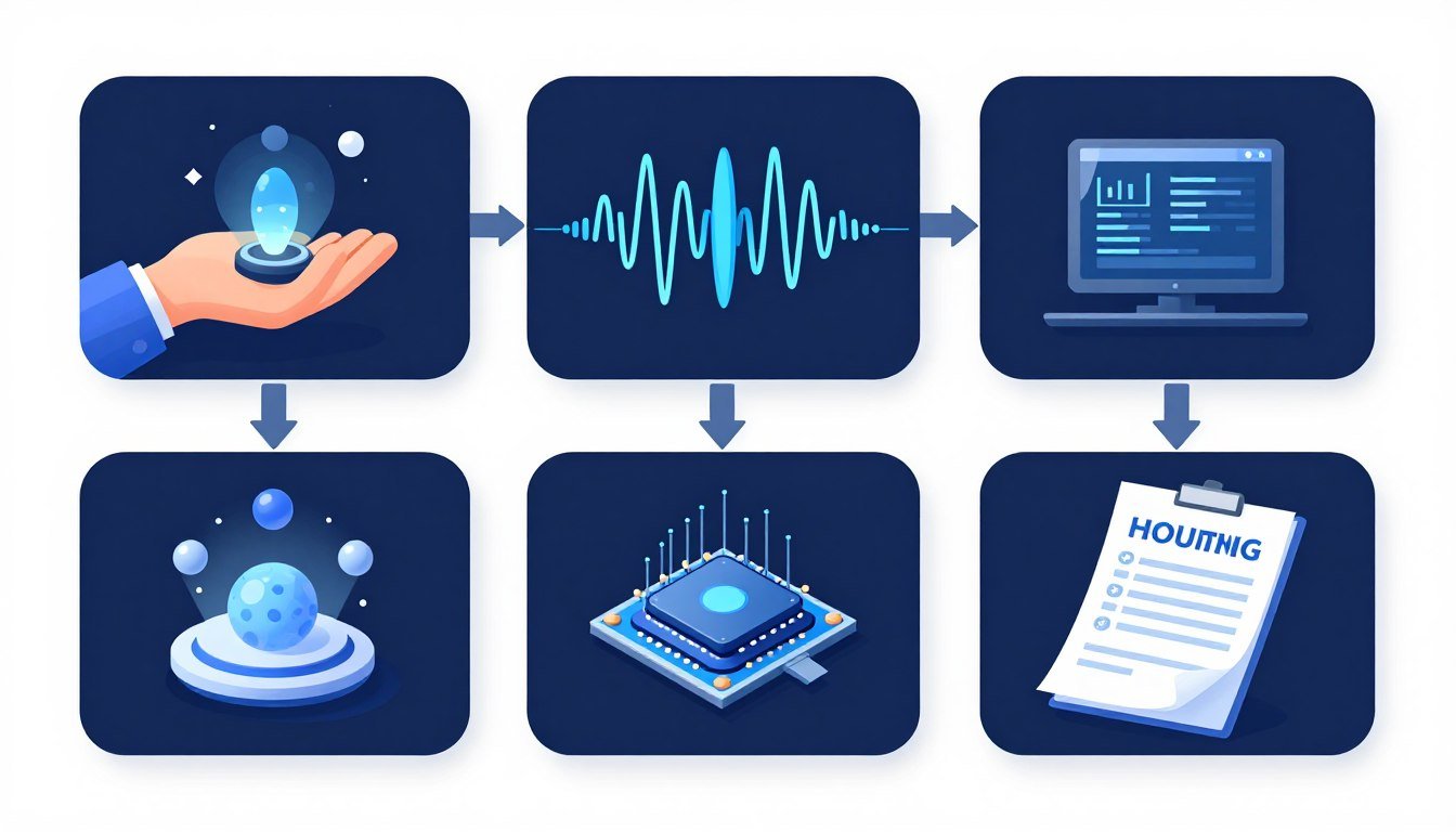 Proceso paso a paso del análisis cuántico mostrando sensor, amplificación, procesamiento y resultados en pantalla Proceso paso a paso del análisis cuántico mostrando sensor, amplificación, procesamiento y resultados en pantalla