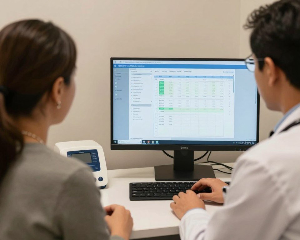 Profesional de salud explicando resultados del analizador cuántico a paciente Profesional de salud explicando resultados del analizador cuántico a paciente