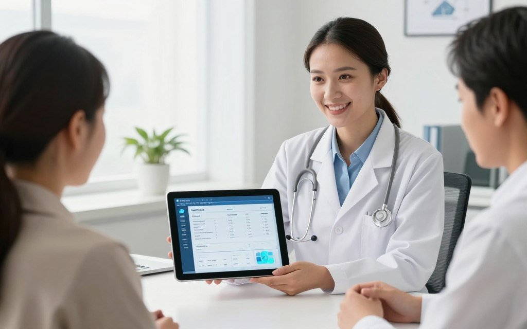 Profesional de salud mostrando resultados del analizador cuántico a paciente en tablet