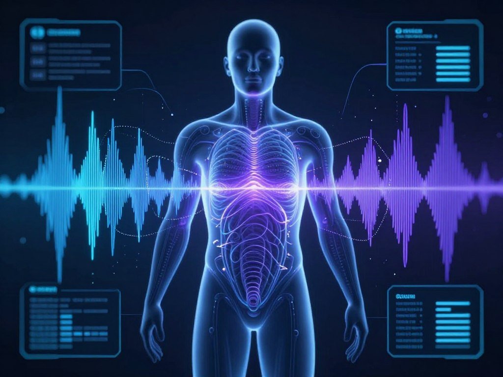 Tecnología de resonancia magnética cuántica mostrando ondas electromagnéticas del cuerpo