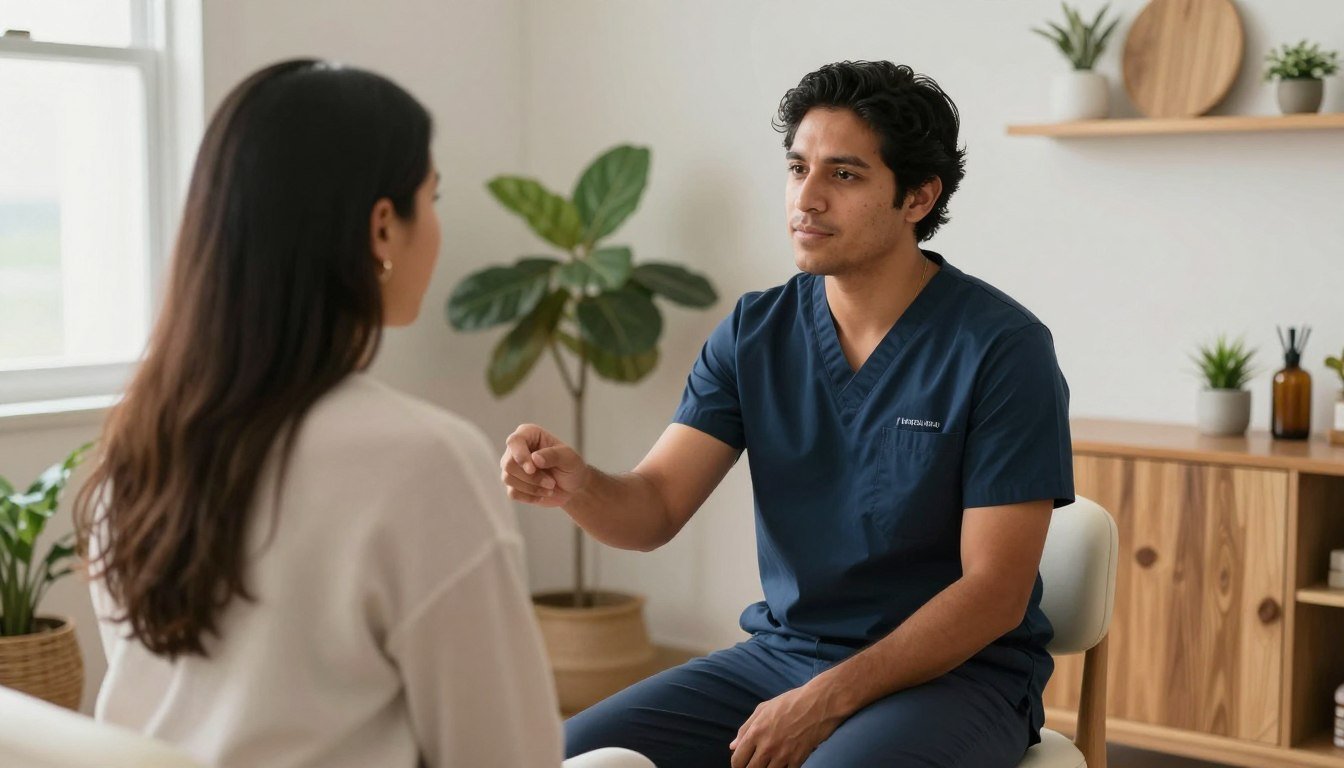 Terapeuta de medicina alternativa realizando análisis cuántico en consultorio holístico Terapeuta de medicina alternativa realizando análisis cuántico en consultorio holístico