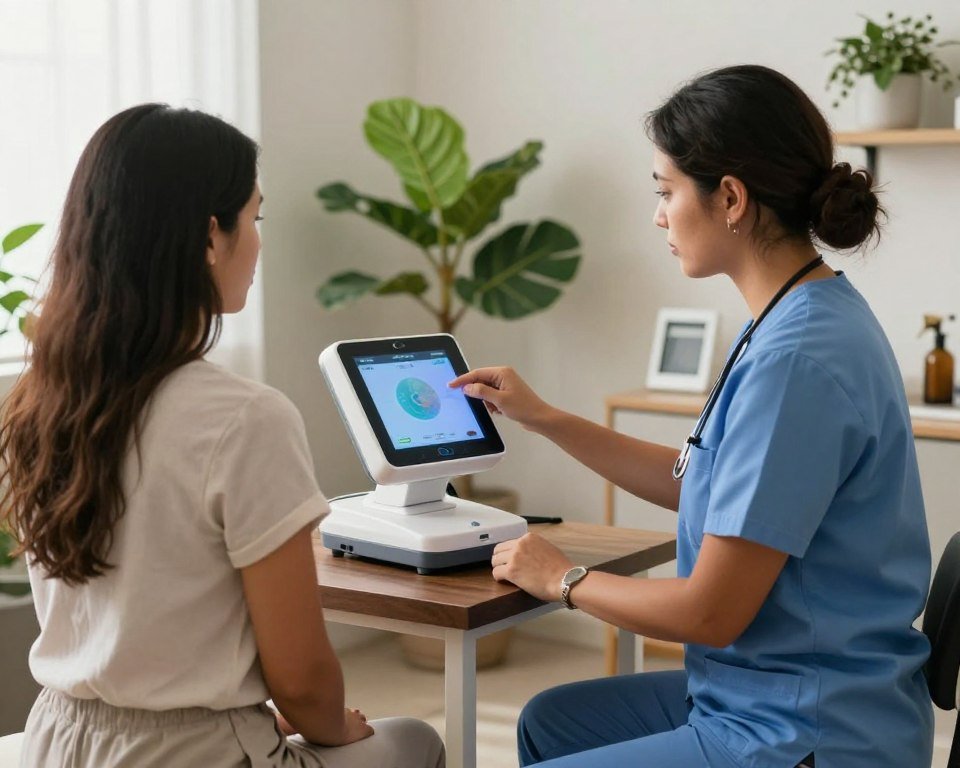 Terapeuta natural utilizando analizador cuántico en consulta holística Terapeuta natural utilizando analizador cuántico en consulta holística