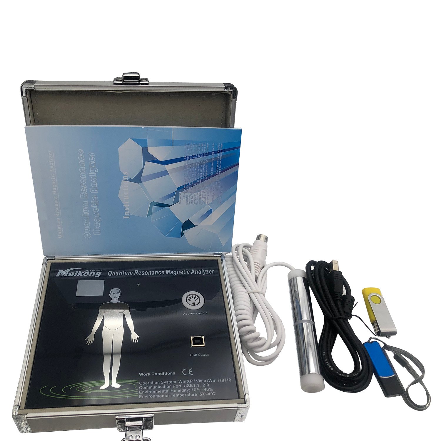 Analizador cuántico de resonancia magnética MAIKONG con sensor manual y pantalla mostrando análisis en tiempo real