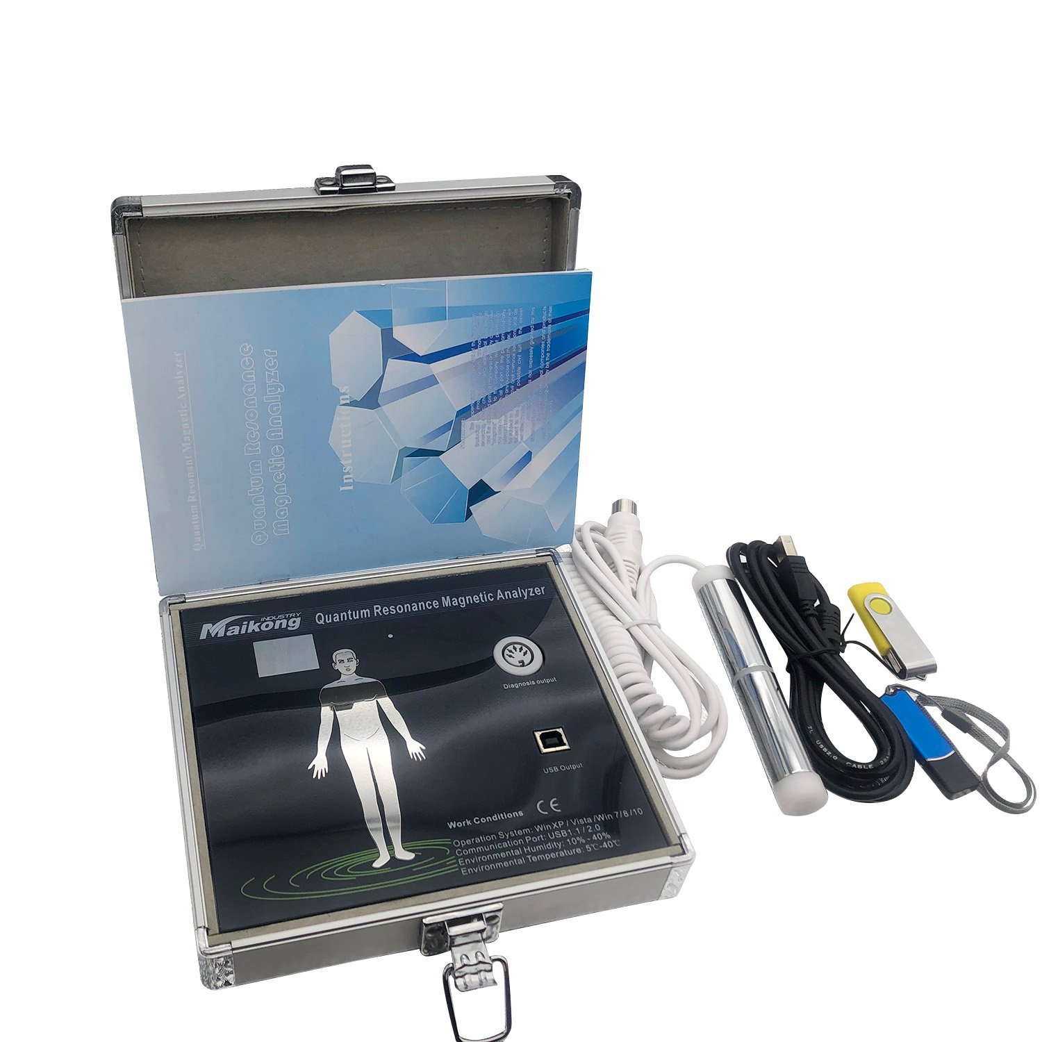 ¿Para Qué Sirve un Analizador Cuántico de Resonancia Magnética? 9 Analizador cuántico de resonancia magnética MAIKONG modelo MK-004 con sensor manual y computadora mostrando reportes de salud en pantalla