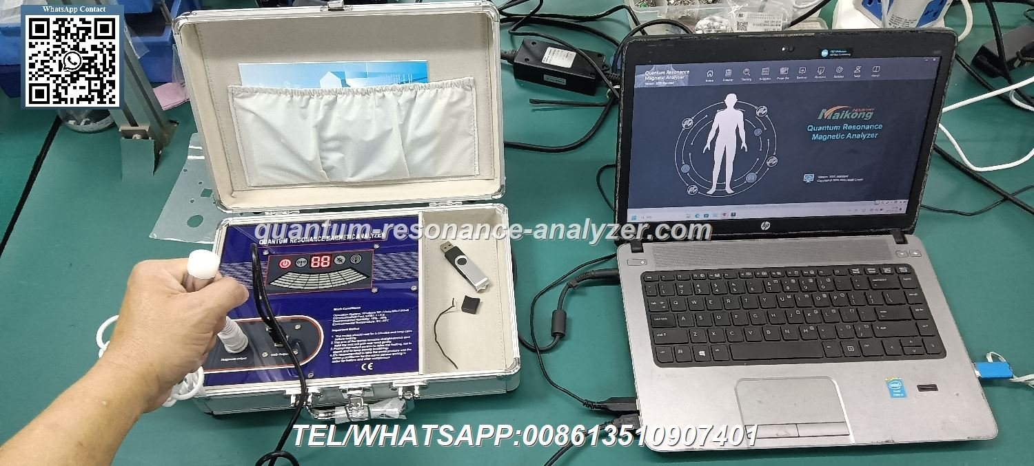 Analizador cuántico QMR MAIKONG sobre mesa de consultorio con sensor conectado