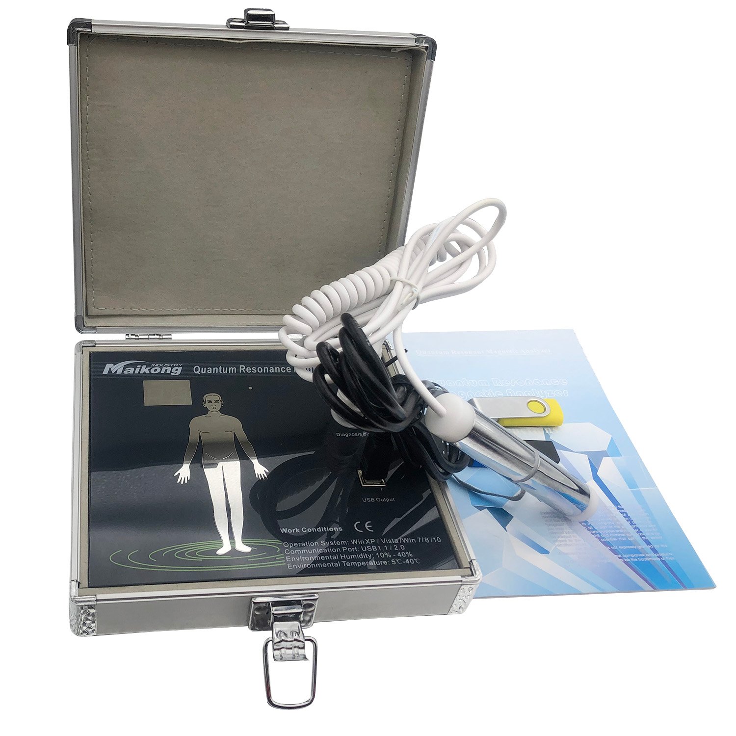Analizador Cuántico de Resonancia Magnética Funciona 1 Analizador cuántico de resonancia magnética MAIKONG con sensor manual y pantalla mostrando análisis en tiempo real