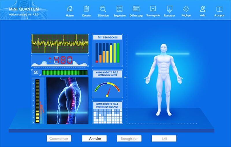 Pantalla de software del analizador cuántico mostrando múltiples reportes de salud