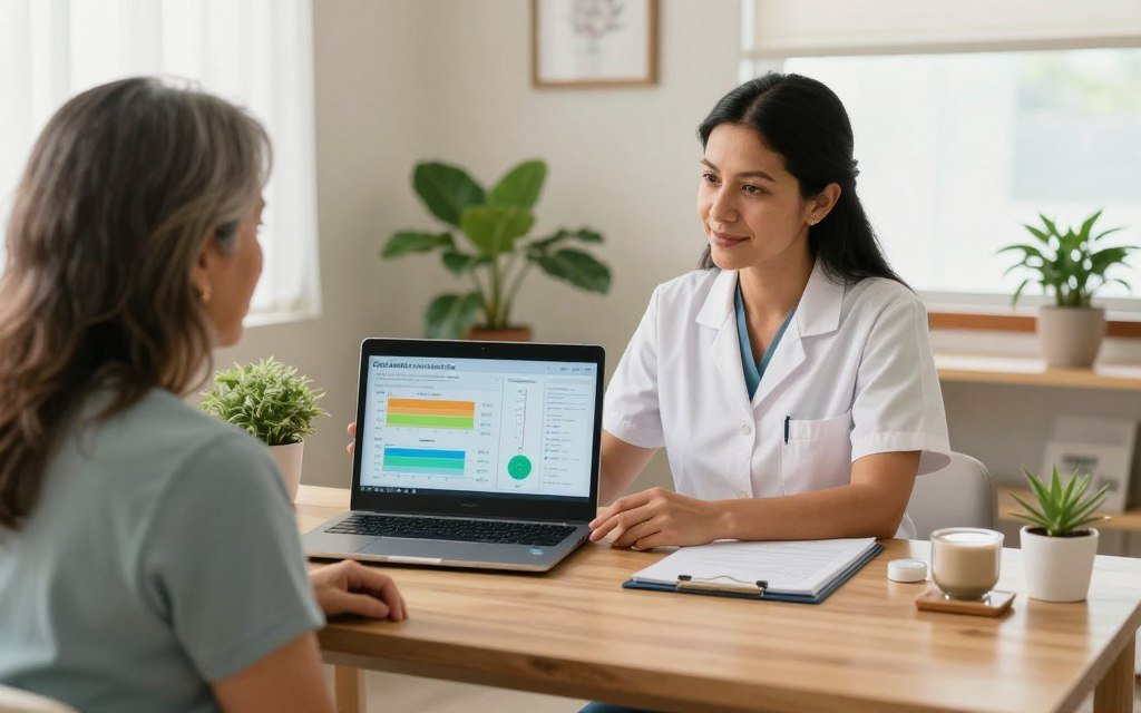 Análisis de paciente con analizador cuántico en consultorio mexicano