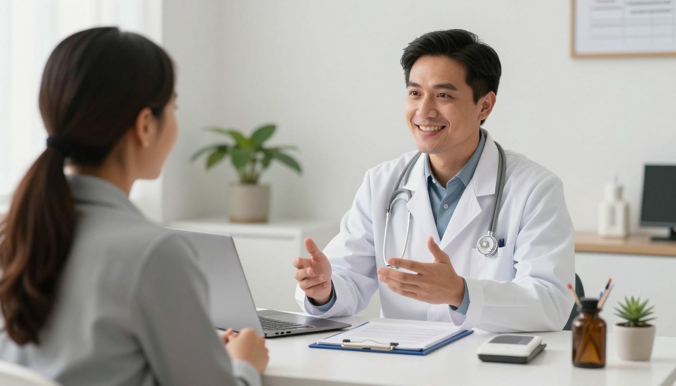 Consultorio médico con profesional respondiendo preguntas sobre analizador cuántico