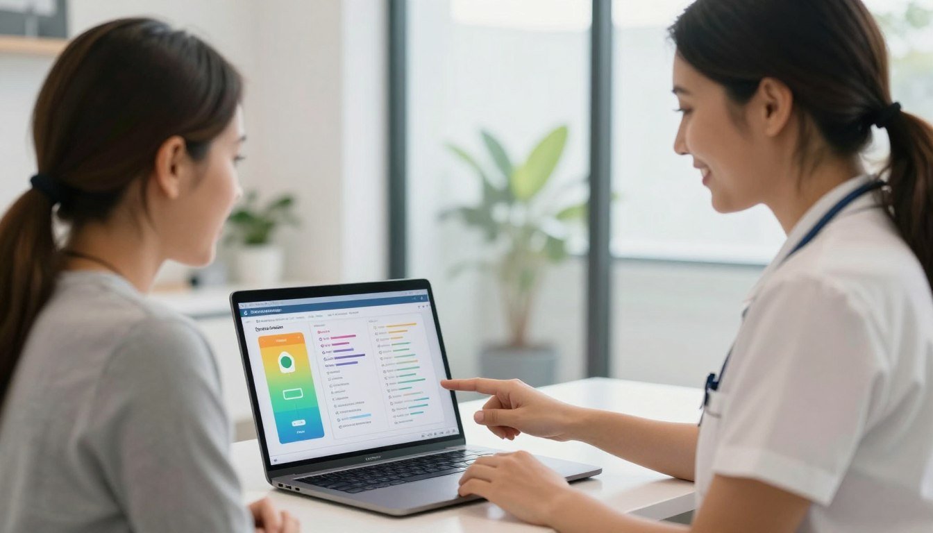 Cliente satisfecho revisando reportes del analizador cuántico con profesional de salud
