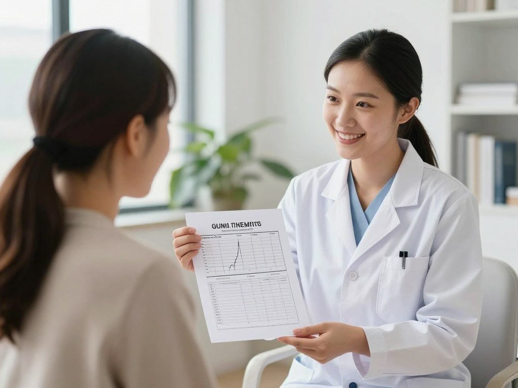 Profesional de salud mostrando resultados de análisis cuántico a cliente satisfecho